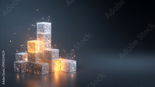 modular blockchain infrastructure, cubes stacking upward to represent growth and scalability,