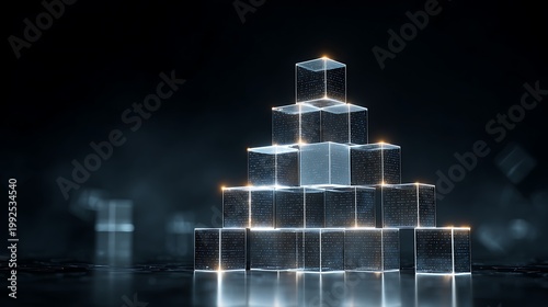 modular blockchain infrastructure, cubes stacking upward to represent growth and scalability,