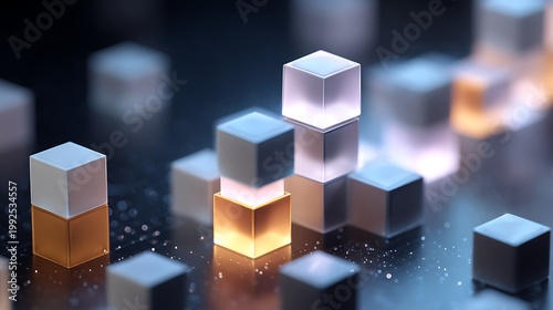 modular blockchain infrastructure, cubes stacking upward to represent growth and scalability,