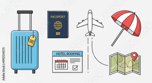 Travel essentials and planning icons with flat design vacation suitcase passport identification airplane navigation umbrella protection