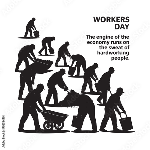 Workers day illustration depicting silhouettes of laborers and a motivational message