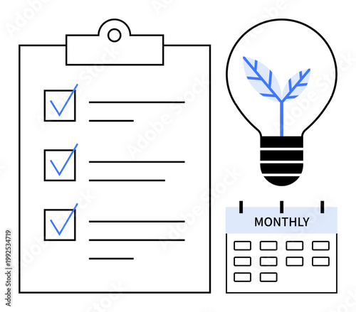 Time management, sustainability, goal setting, workflow organization, renewable energy, planning. A clipboard checklist, light bulb with leaves and calendar. Time management and sustainability