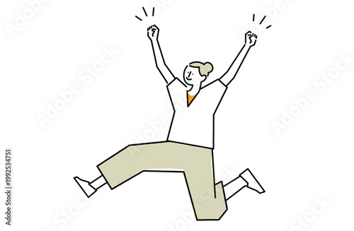 ガッツポーズで飛び上がる元気な女性