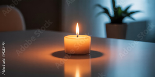 Single Lit Candle with Warm Glow and Reflection on Gray Surface with Moody Background