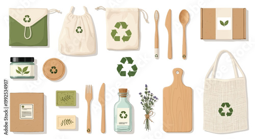 Eco-friendly and sustainable products assortment with zero waste canvas bag glass jar cardboard box cutting board conscious consumerism reusable