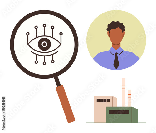 Data monitoring, security, identity verification, industrial surveillance, digital technology, privacy. Magnifying glass with eye icon, man and factory. Data monitoring and security concept