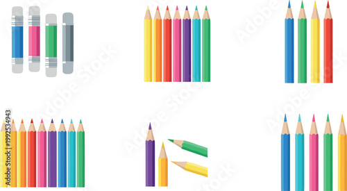 Collection of colorful pencils and erasers isolated on white background, school stationery set with vibrant drawing tools vector illustration