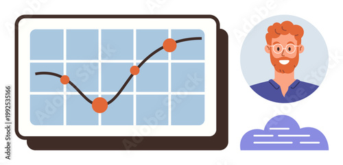 Business analytics, digital trends, teamwork, cloud storage, user engagement, data tracking. Growth chart with connected points, person?s avatar and cloud symbol. Business analytics and digital