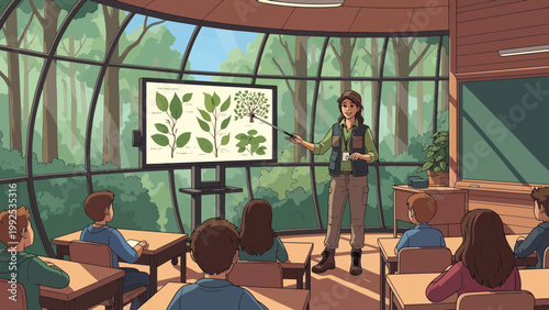 Teacher standing in classroom educating students.