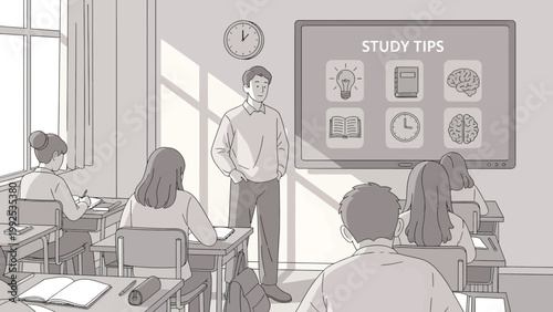 Teacher standing in classroom with students 3.