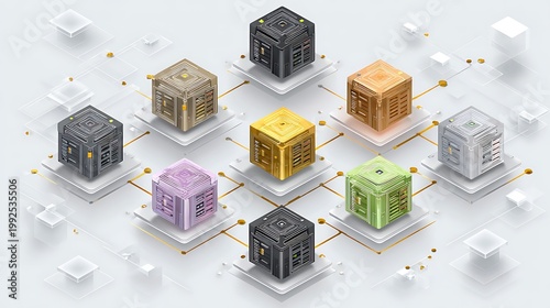 modular machine learning architecture, stacked cubes representing data processing units, connected neural grid,