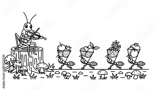 Grasshopper Playing Violin and Ants Carrying Food Black and White Vector