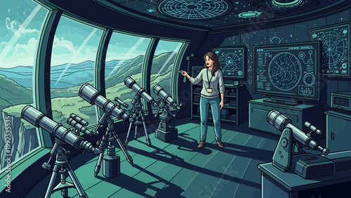 Woman standing with multiple telescopes inside.