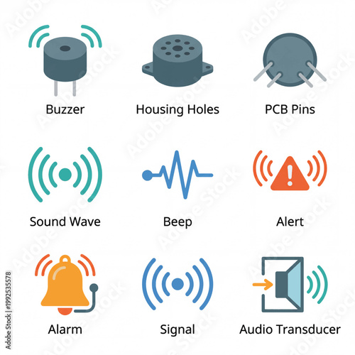 Electronic Components and Sound Wave Icons.