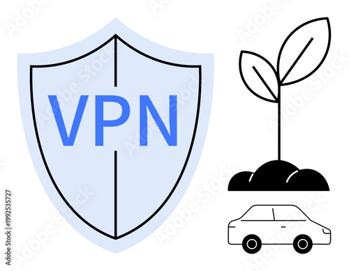 Digital security, eco-consciousness, technology, sustainable travel, online privacy, and green innovation. A shield with VPN text, a sprouting plant and a car icon. Digital security