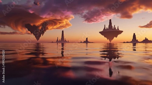 Exploring Surreal Floating Landforms at Sunset Over Calm Waters