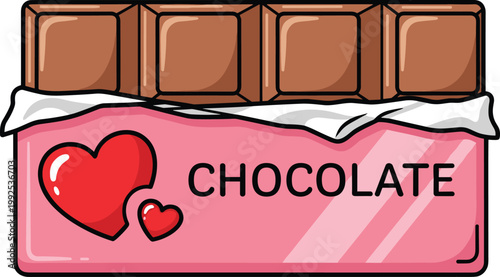 Chocolate bar packaging with heart illustration, sweet dessert candy design, romantic confectionery concept, tasty cocoa treat icon, love themed food graphic