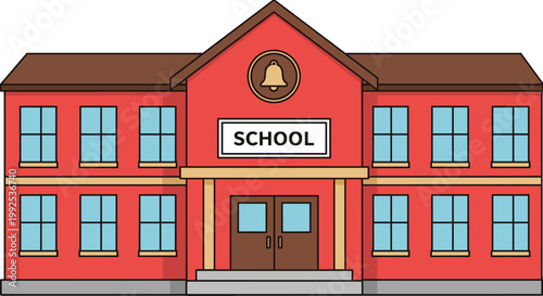 Cartoon school building illustration, educational institution exterior, learning environment concept, academic facility design, colorful campus icon, primary education symbol, flat style architecture