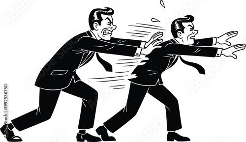 Angry businessman pushing another man forward, workplace pressure concept, corporate stress illustration, aggressive boss forcing employee, leadership conflict dynamic scene
