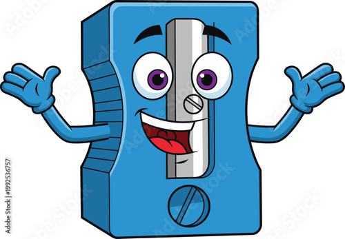 Cute cartoon pencil sharpener character illustration, smiling stationery mascot, school supply design, playful education concept, creative tool icon, fun animated object