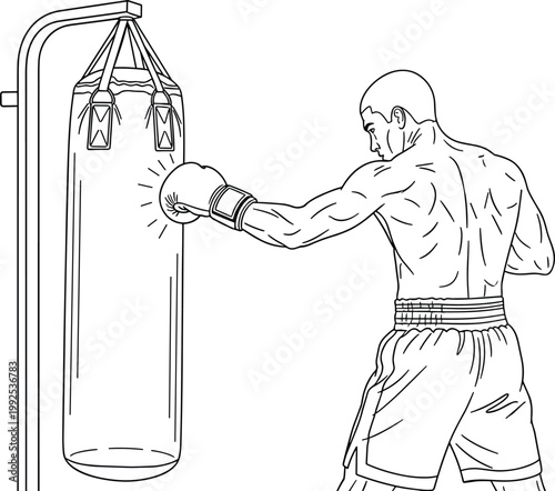 boxer training with punching bag illustration combat sport fitness workout design isolated vector dynamic strength exercise practice concept