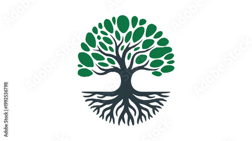 Roots of Life: A stylized illustration of a tree with deep roots, its leafy crown reaching toward the sky, embodying growth, stability, and the interconnectedness of nature.