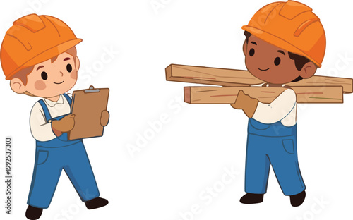 Cute construction worker kids with helmet clipboard and wooden planks cartoon illustration builder teamwork carpentry safety playful characters concept