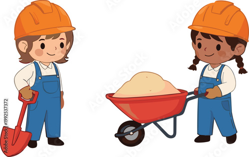 Cute construction workers kids with helmet shovel and wheelbarrow carrying sand cartoon illustration playful builder characters teamwork safety concept