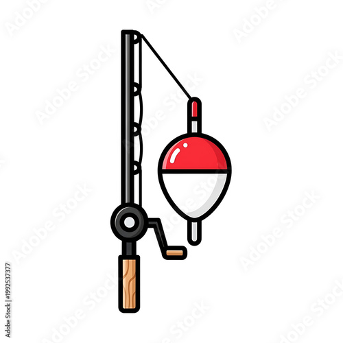 Isolated pixel art fishing rod with red and white bobber, cartoon style illustration, simple vector graphic for angling and leisure