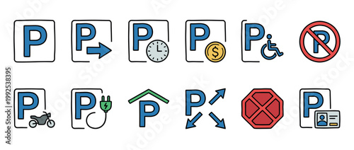 Comprehensive collection of various parking signs icons and symbols representing different parking regulations and services for urban infrastructure.