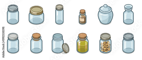 Various glass jars and bottles collection with different shapes, sizes, and contents, including empty, liquid, and solid items.