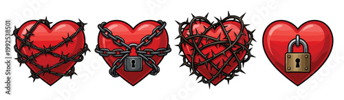 Four red hearts depicting restricted love, emotional pain, and protection through barbed wire, chains, thorns, and padlocks.