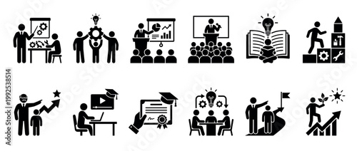 Modern flat design icons illustrating education, learning, training, business, and personal development concepts for various applications.