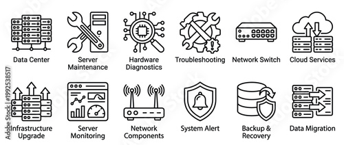Information Technology icons depicting various concepts like data centers, server maintenance, cloud services, and network components for digital infrastructure.