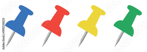 Colorful pushpins set in blue, red, yellow, and green for office, school, or creative projects.