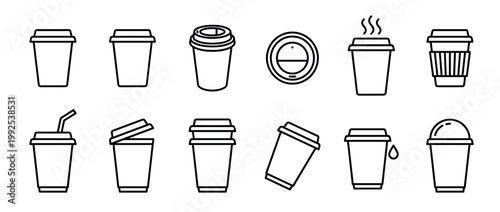 Collection of outline coffee cups and takeaway drink containers in various styles and configurations, perfect for beverage-related design elements.