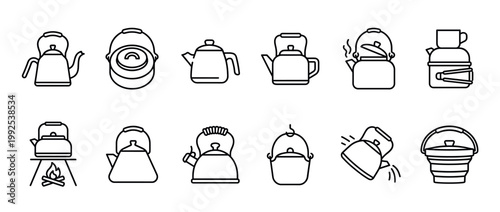 Collection of various camping kettles and outdoor cooking pots in a line art icon set for adventure and travel activities.