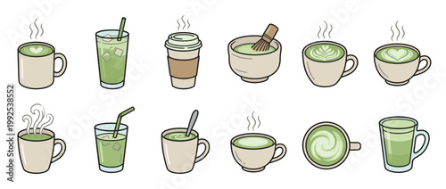 Matcha drinks collection featuring various hot and cold green tea beverages in different cups and styles, including lattes and traditional preparations.