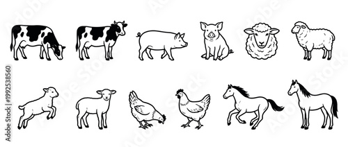 Farm animals collection featuring cows, pigs, sheep, chickens, and horses in a simple black and white outline illustration style.