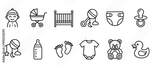 Collection of outline icons representing various baby items and newborn essentials for childcare and infancy development.