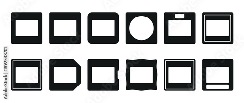 Collection of various black silhouette slide frames and film frames for photography and presentation concepts, representing different styles and formats.