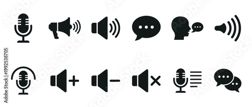 Sound voice communication icons set featuring microphones, megaphones, speakers, and speech bubbles for various audio and dialogue functions.