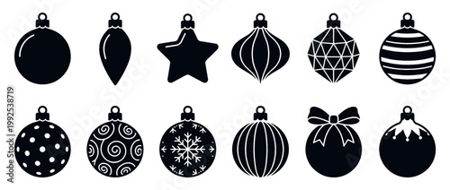 Christmas ornaments collection featuring various festive baubles with different shapes and patterns for holiday season decoration.