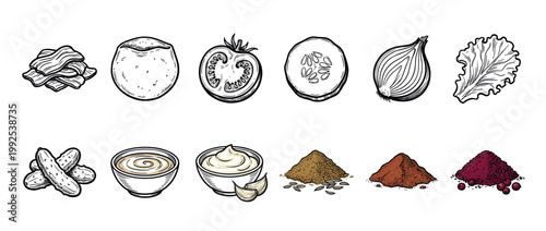 Hand-drawn food ingredients, fresh vegetables, aromatic spices, and creamy sauces in an engraved style, perfect for culinary designs and healthy eating concepts.