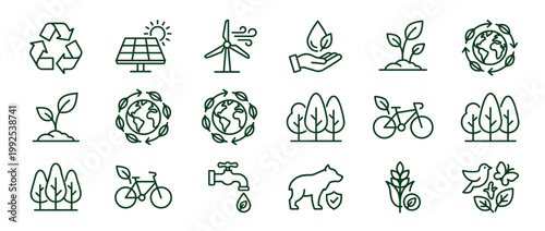 Collection of outline ecology icons representing environmental protection, renewable energy, nature conservation, and sustainable living concepts.