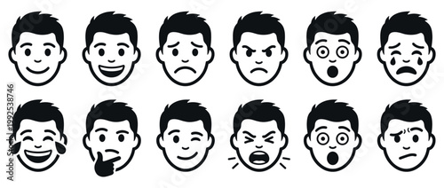Collection of diverse male facial expressions showing various emotions like happiness, sadness, anger, and surprise in a cartoon style.