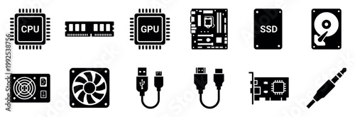 Collection of essential computer hardware components and electronic parts for modern PC building and technology concepts.