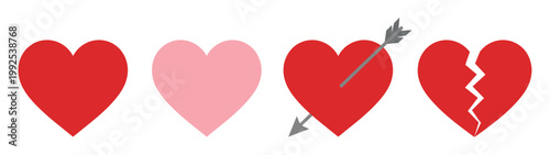 Four distinct heart symbols illustrating various emotional states, including love, affection, passion, and heartbreak in a graphic set.