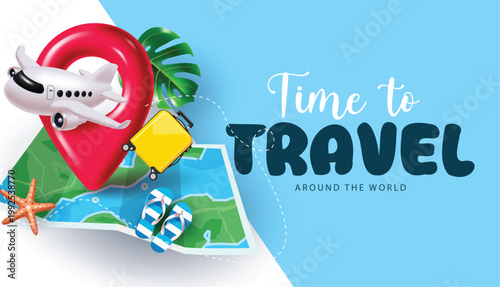 Time to Travel Vector Banner with Airplane, Map, Location Pin, Suitcase and Tropical Leaf Design