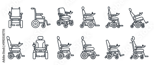 Wheelchairs, electric wheelchairs, manual wheelchairs line art icons set illustrating various types of mobility aids and accessibility equipment.